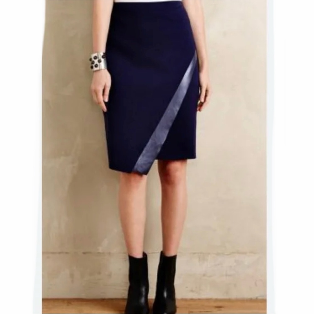 Anthropologie Bailey44 Astin Faux Wrap Pull On Skirt Elegant Navy Blue Skirt